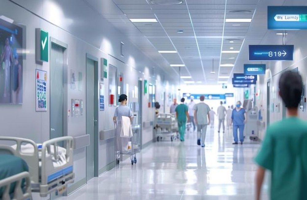 Hospital reception area inside of a modern facility building wallpaper _ Premium AI-generated image