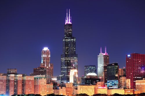 Chicago city downtown urban skyline at dusk with skyscrapers over Lake Michigan with clear blue sky.