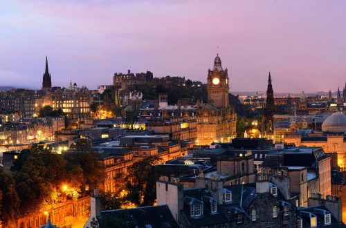 Edinburgh city view panorama at night in UK.